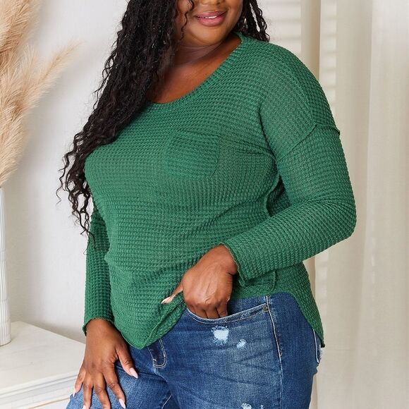 Culture Code Green Waffle Knit Long Sleeve Top Women's Short Sz Medium [6-8] - Picture 3 of 9